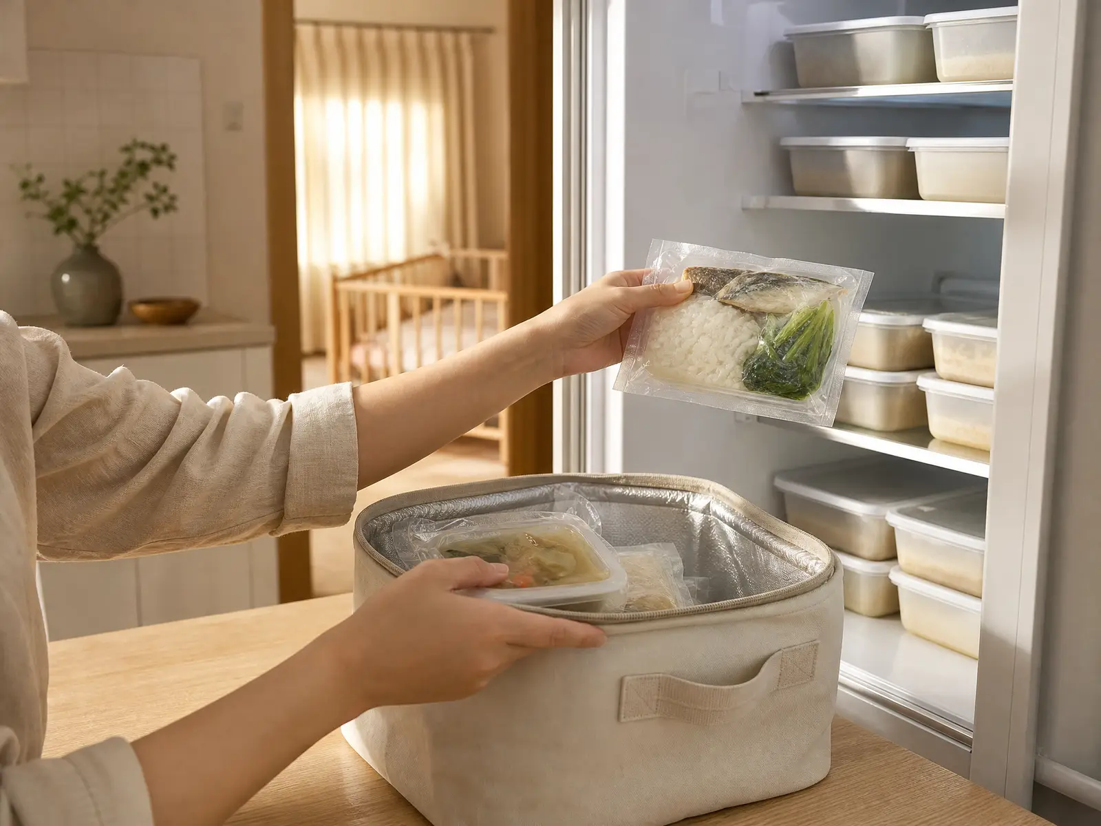 Afternoon sun in a home kitchen as a pair of hands unpacks a chilled confinement meal delivery from an insulated bag on the counter, one hand holding a vacuum-sealed pack of rice, fish and greens up to the fridge, whose shelves already hold rows of lidded meal boxes; in the room behind, sunlight comes through drawn curtains onto a wooden baby crib