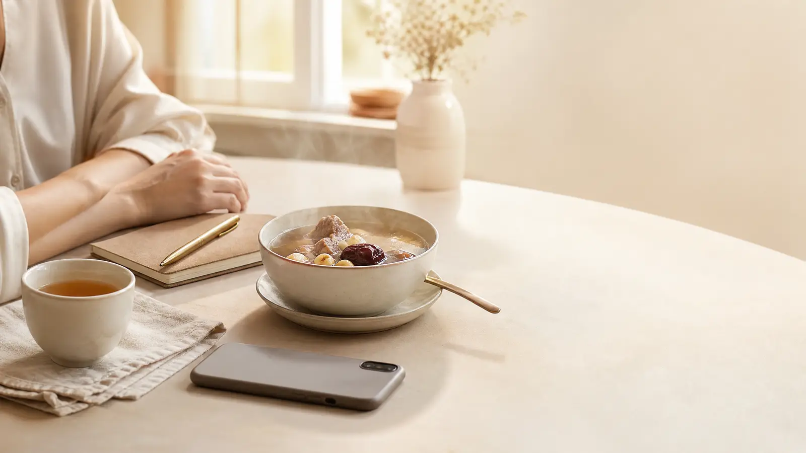 A woman at a sunlit kitchen table with a closed notebook and pen, her phone face down and a bowl of slow-simmered Cantonese soup with red dates, thinking through the questions to ask a confinement meal provider