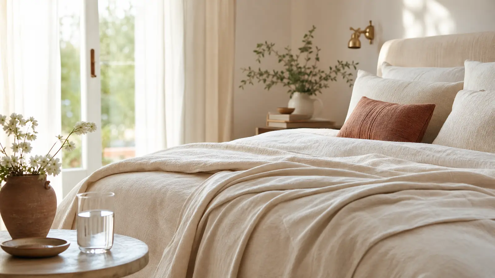 A calm, airy bedroom with soft natural light and a glass of water, suggesting comfortable warmth without overheating during confinement
