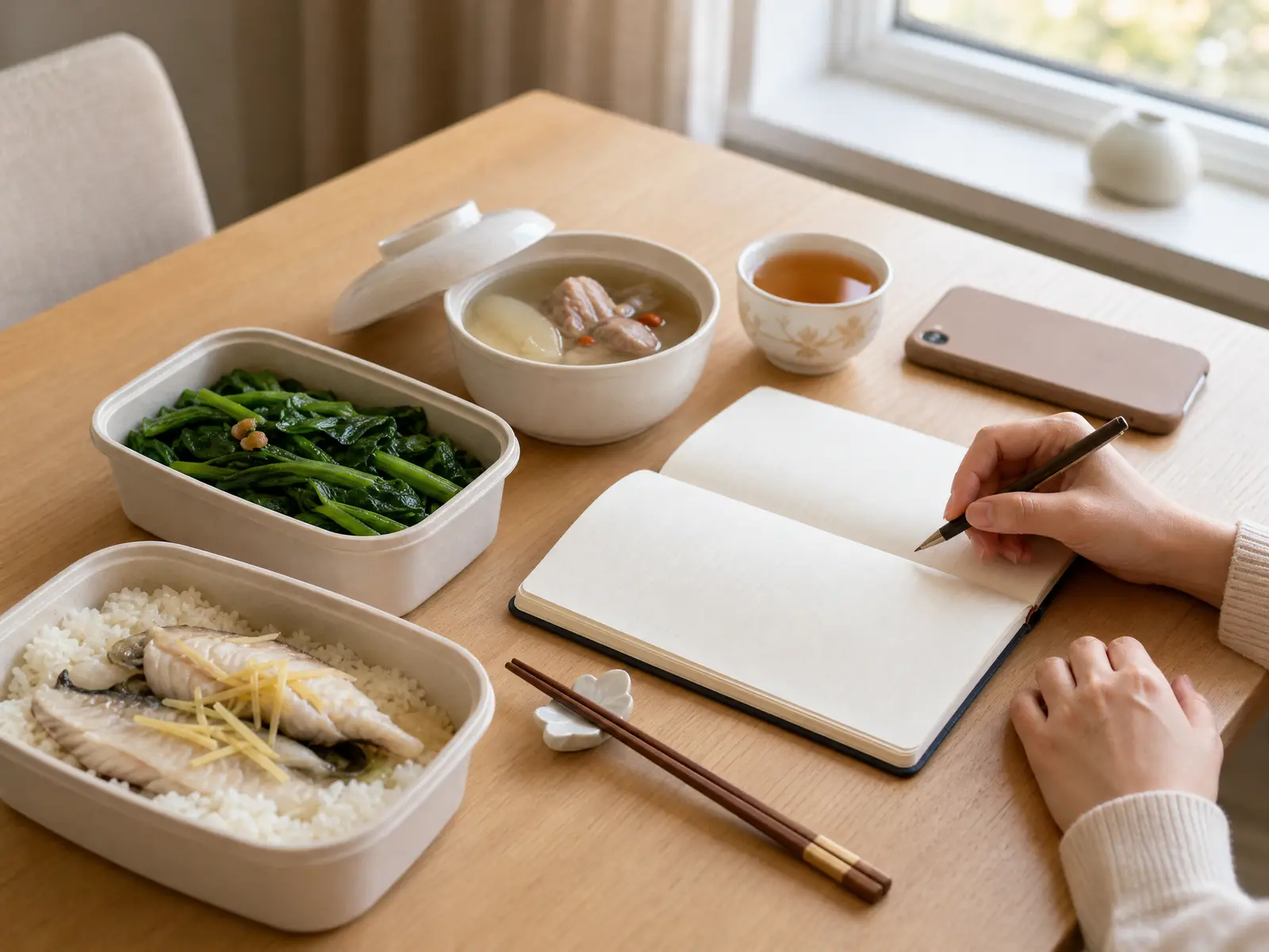 One day's tasting meal on a wooden dining table by a window, a box of rice with ginger-steamed fish, a box of stir-fried greens, a bowl of slow-simmered soup and a cup of tea, with chopsticks on a rest; beside them an open blank notebook, one hand holding a pen ready to take notes and the other resting on the table, a phone lying face down