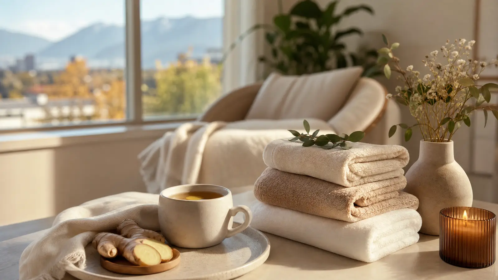 A warm, bright Greater Vancouver bathroom and bedroom suggesting comfortable rest, clean towels and a cup of warm tea during the confinement month