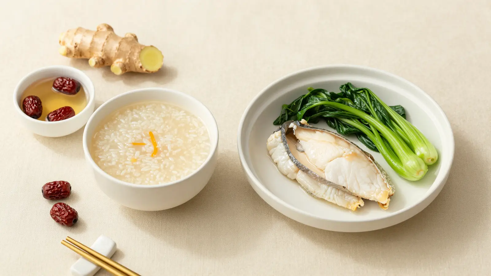 A gentle first-week confinement spread — warm rice congee, lightly steamed fish, sliced ginger and a pot of red-date tea on a soft ivory table
