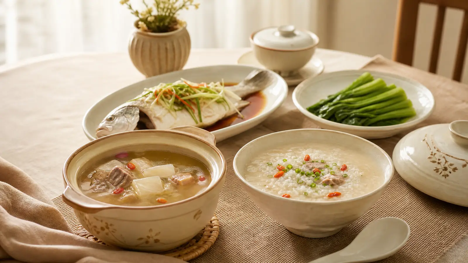 A thoughtful confinement table showing the gentle and the genuinely cautioned — warm cooked greens and red-date tea beside set-aside items like an iced drink, a coffee cup and raw fish