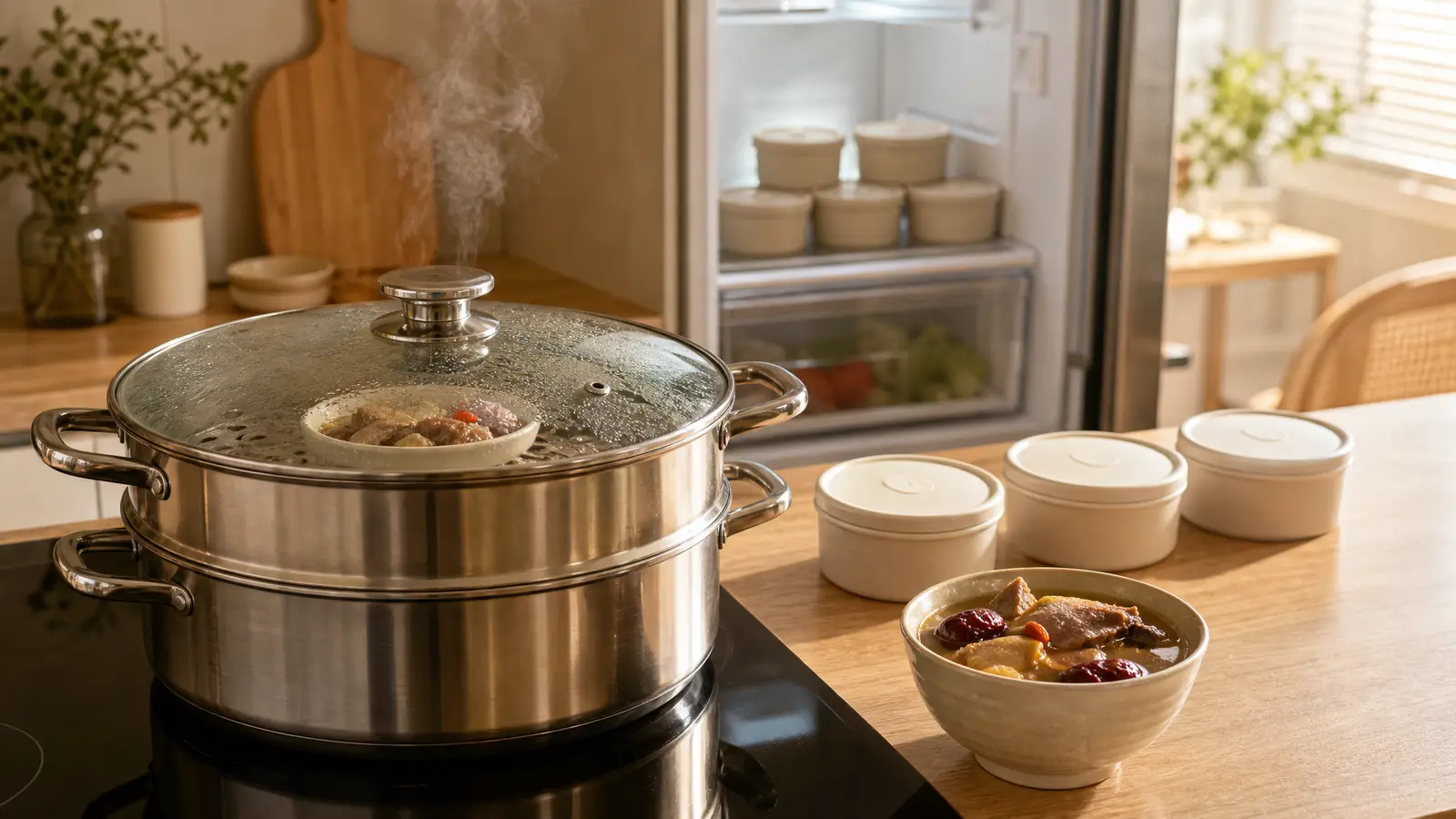 A two-tier stainless steel steamer with its glass lid on, on a home induction cooktop, steam rising and a small dish visible reheating inside, beside three small covered single-portion meal containers and a bowl of Cantonese soup with red dates, with more of the same containers in the open fridge behind, showing chilled confinement meals steamed one meal at a time