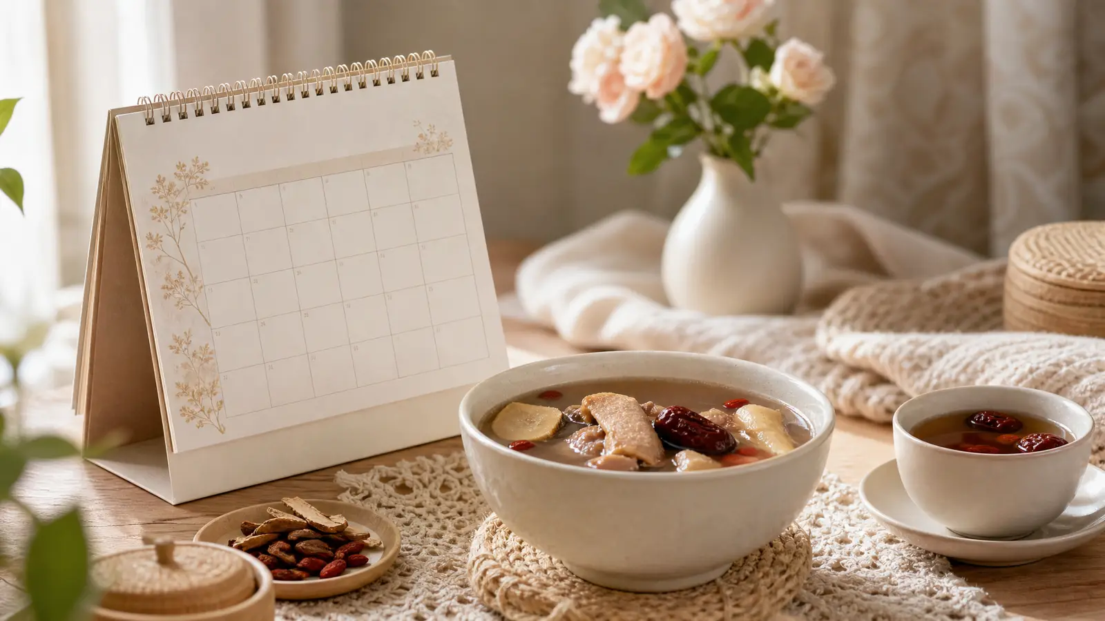 A wall calendar beside a warm bowl of Cantonese confinement soup, suggesting the weeks of the confinement month