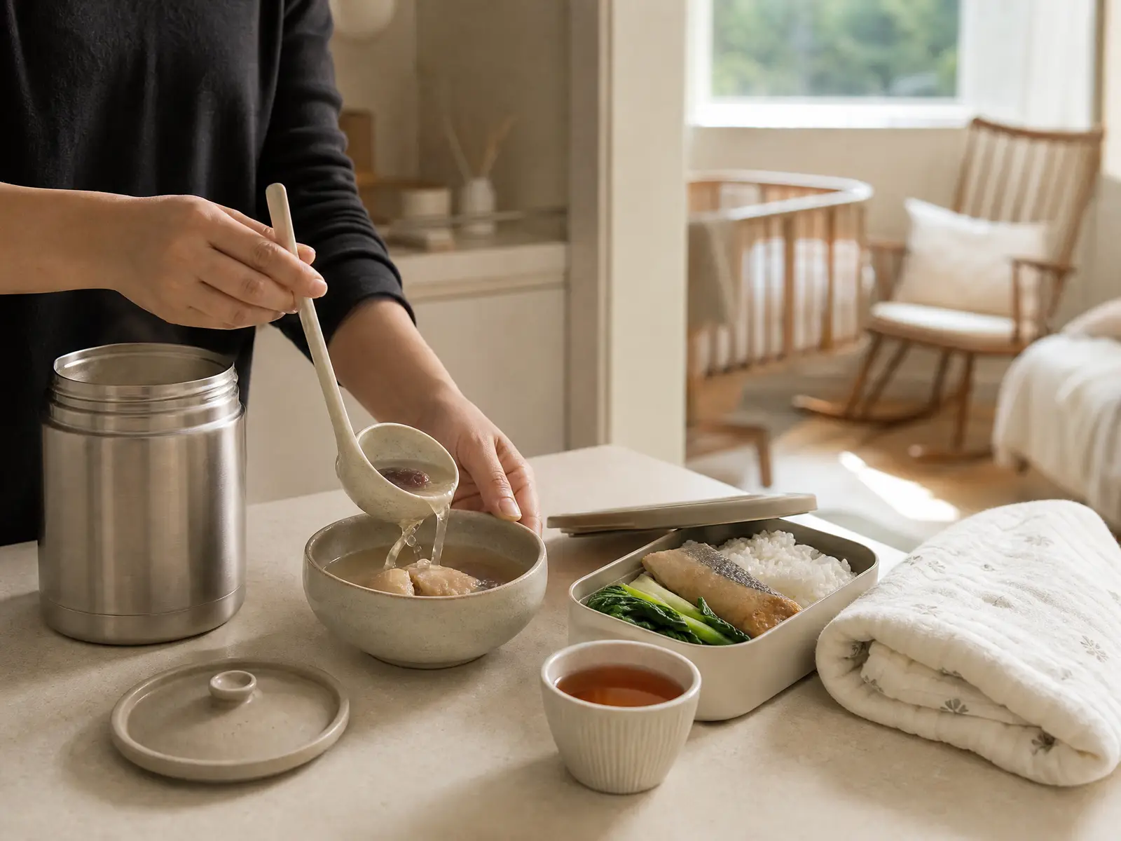 On a home kitchen counter, a pair of hands ladles slow-simmered soup from a stainless flask into a bowl, beside a confinement meal box of rice, fish and greens, a cup of tea and a folded white muslin baby blanket; in the room behind, a wooden crib and a rocking chair with a cushion