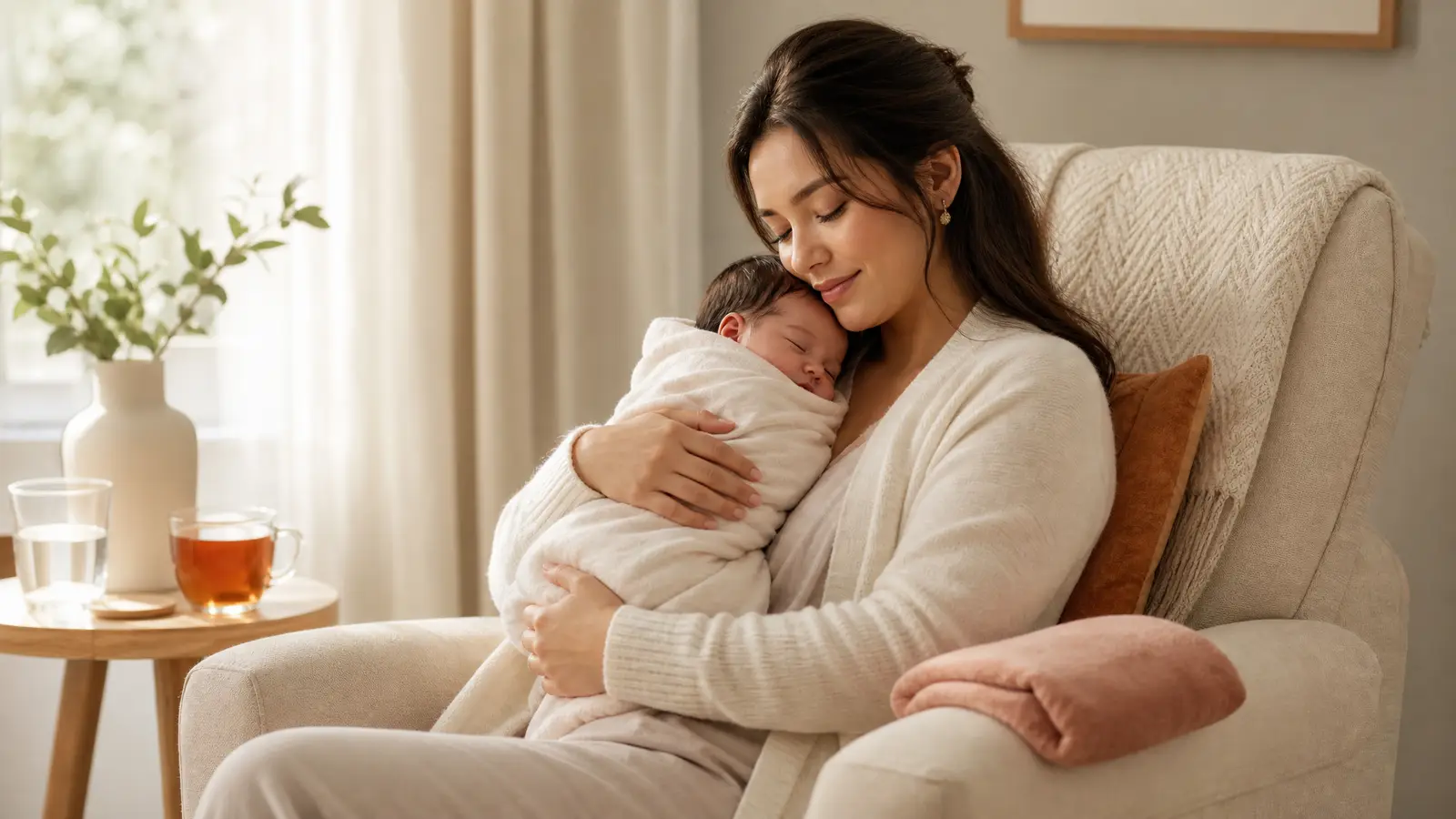 A calm mother breastfeeding her baby in soft daylight with a warm compress and a glass of water nearby, suggesting comfort and support through early feeding challenges