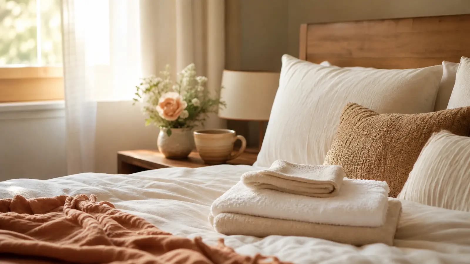 A calm, reassuring postpartum recovery scene with soft towels, a warm drink and gentle daylight, suggesting rest and self-care after birth