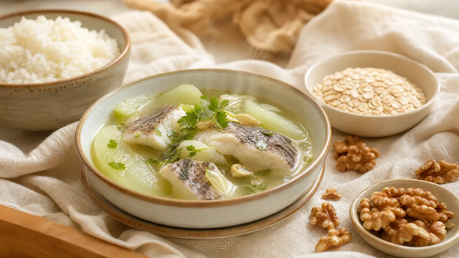 A nourishing milk-supply spread — a steaming bowl of green-papaya fish soup, peanut and pig-trotter soup, a bowl of oats and a warm pot of soup on a soft ivory table