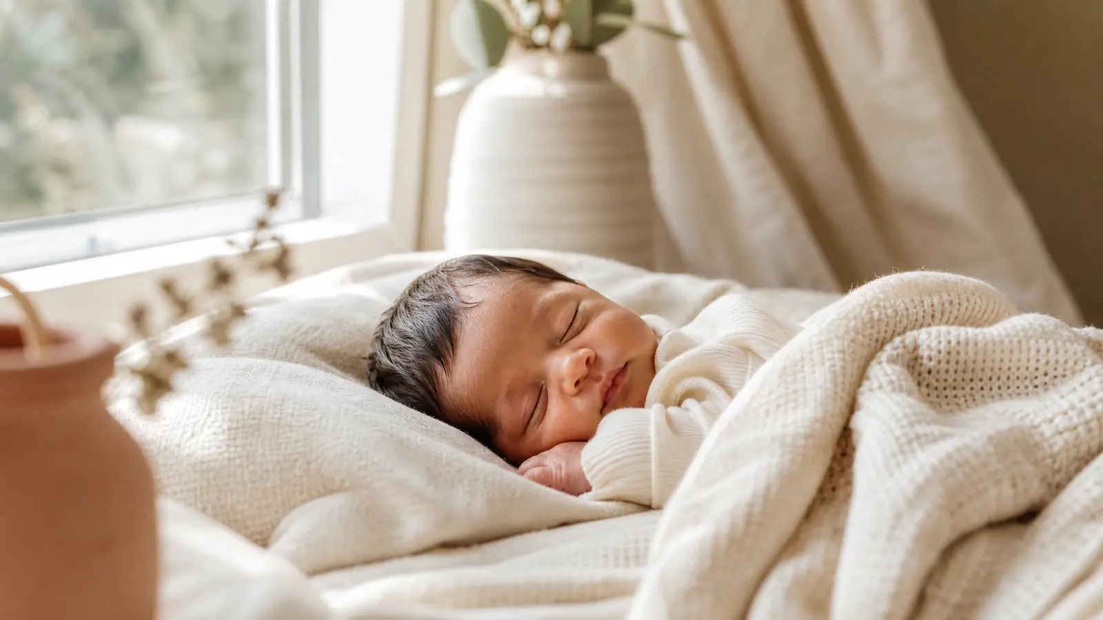 A newborn resting peacefully in soft natural daylight by a window, a calm scene about monitoring newborn jaundice