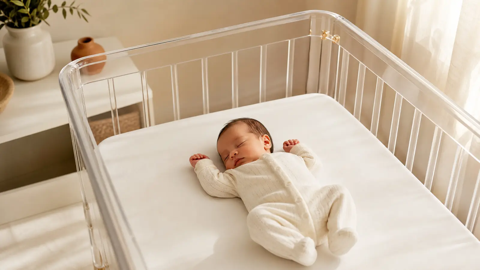 A newborn sleeping peacefully on its back in a clear, firm crib with no pillows or loose bedding, in a softly lit room, modelling safe infant sleep