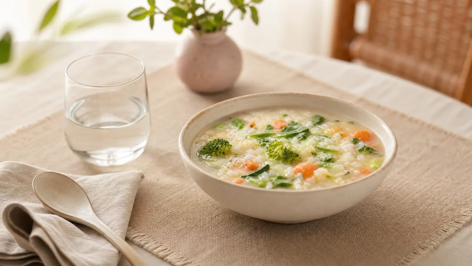 A warm bowl of fibre-rich congee with vegetables and a glass of water on a calm table, suggesting gentle digestive comfort after birth