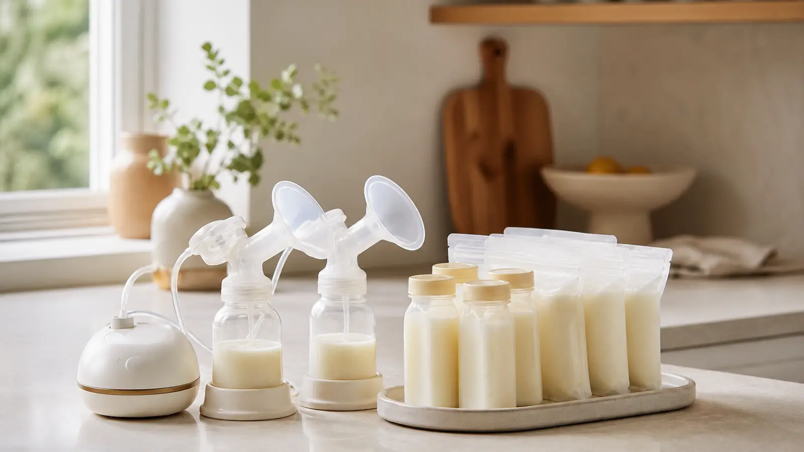 Labelled bottles and storage bags of expressed breast milk beside a pump on a clean counter in soft daylight