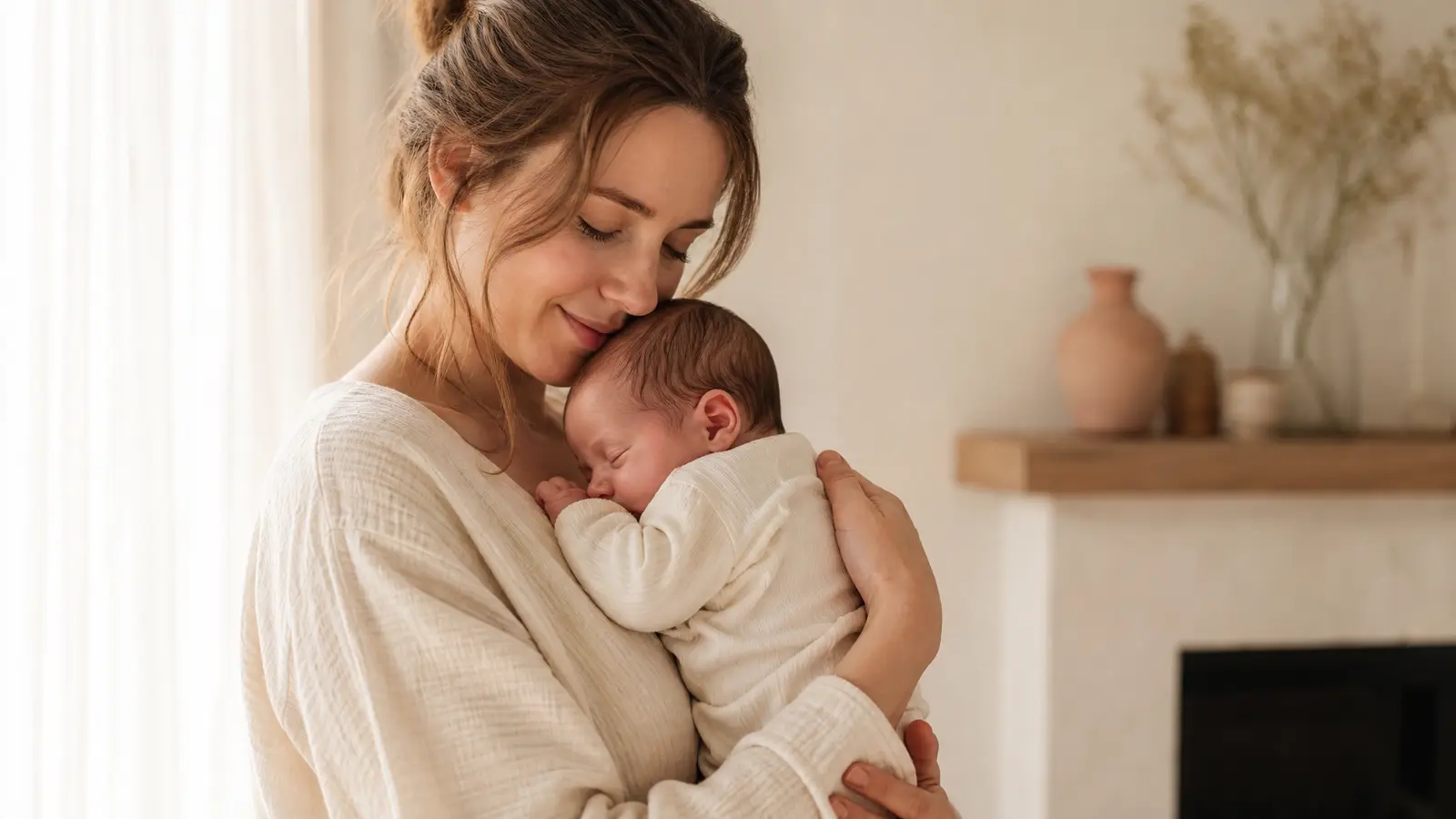 A calm parent gently holding and rocking a newborn close in a softly lit room, soothing the baby