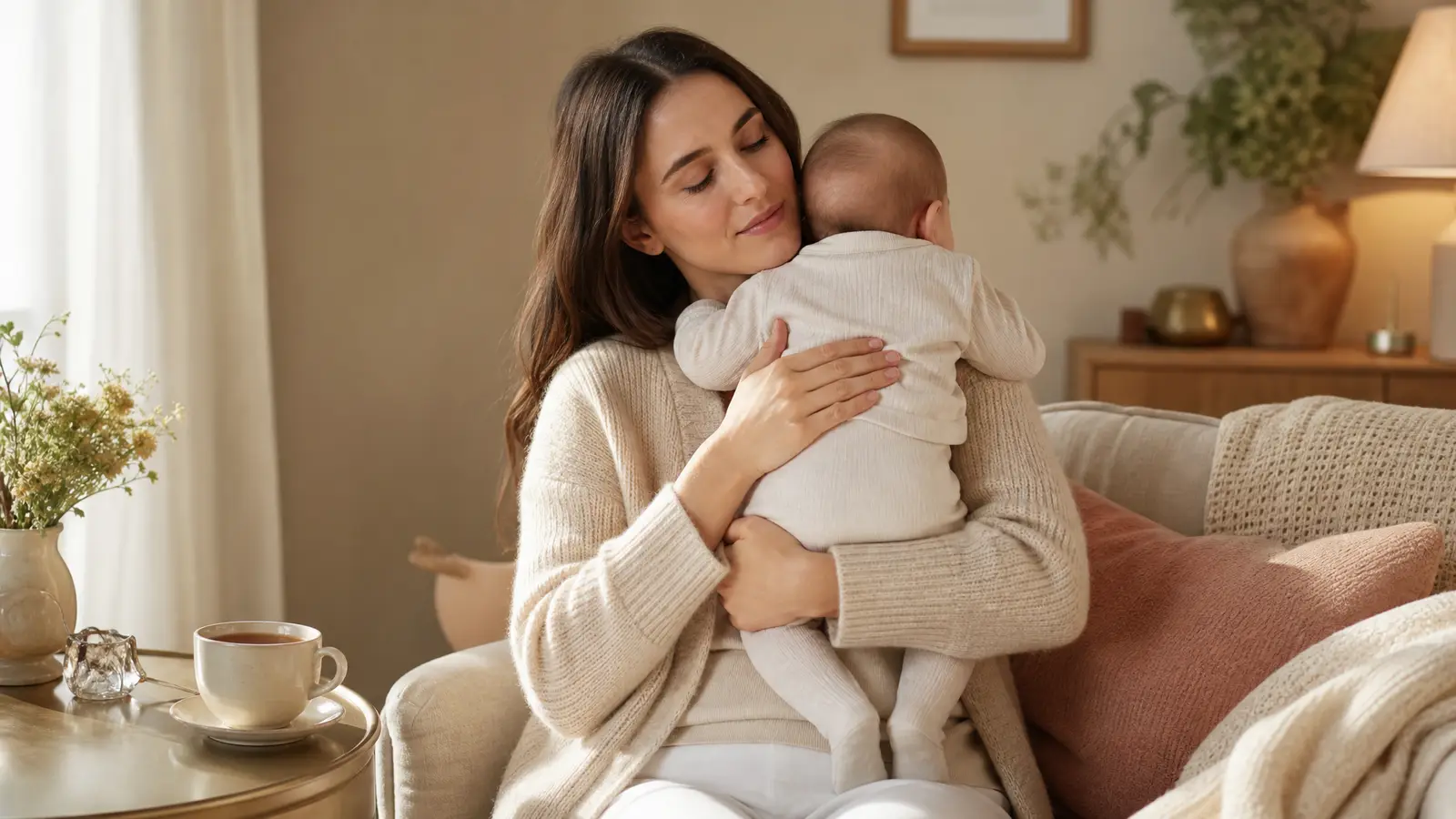 A calm mother holding her baby with a warm cup nearby, suggesting a gentle, unhurried transition away from breastfeeding
