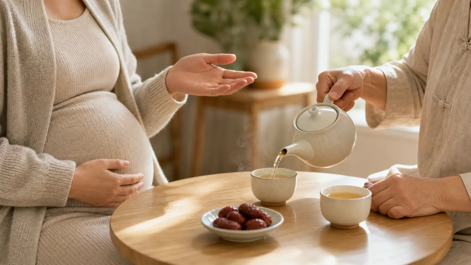 At a small round table in a bright living room, a mother in late pregnancy rests one hand on her bump and gestures with the other as she talks about her confinement month, while an older woman listens and pours her a cup of hot tea beside a dish of red dates