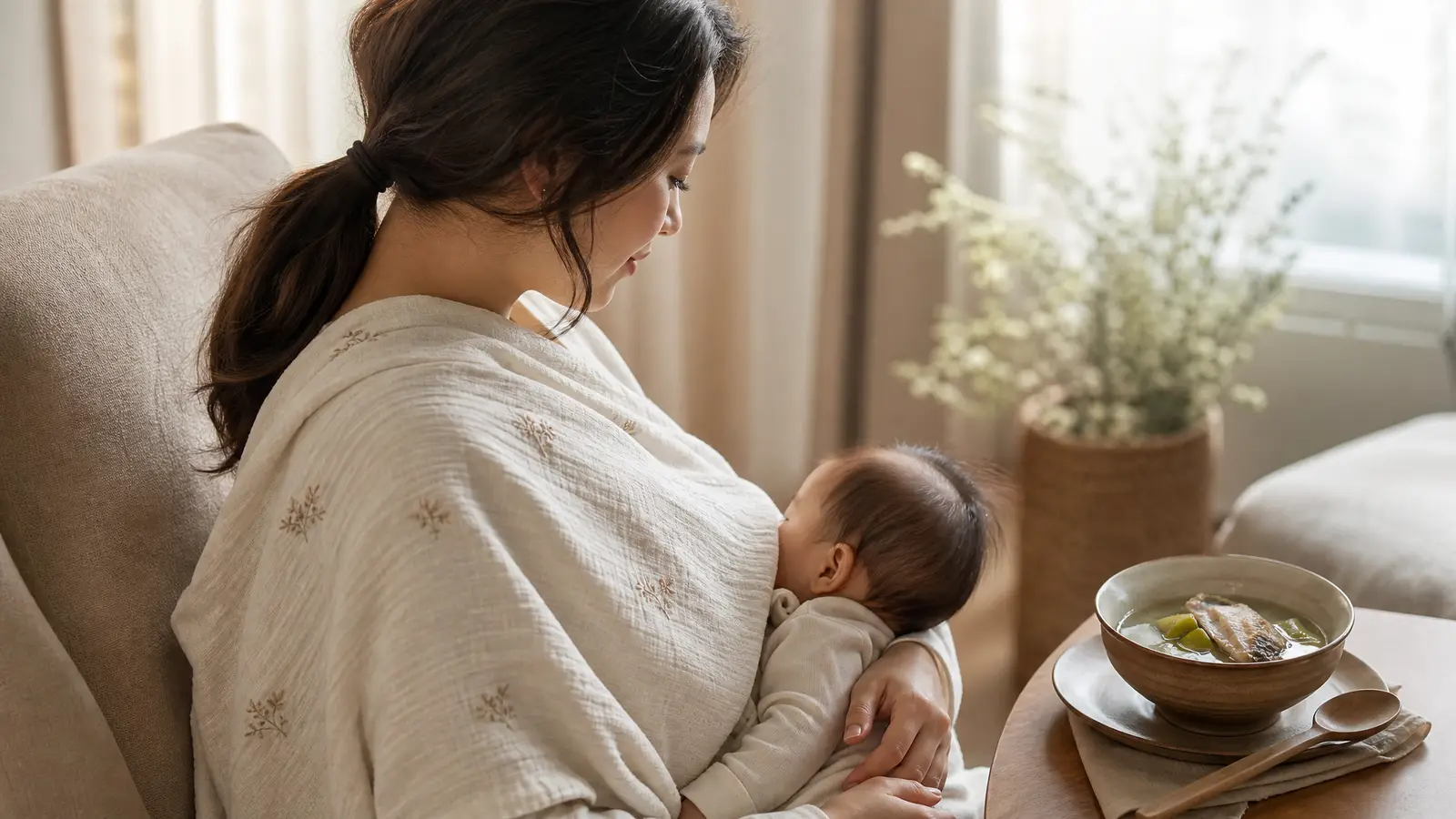 A calm new mother breastfeeding her baby in soft daylight, a warm bowl of nourishing soup on the table beside her