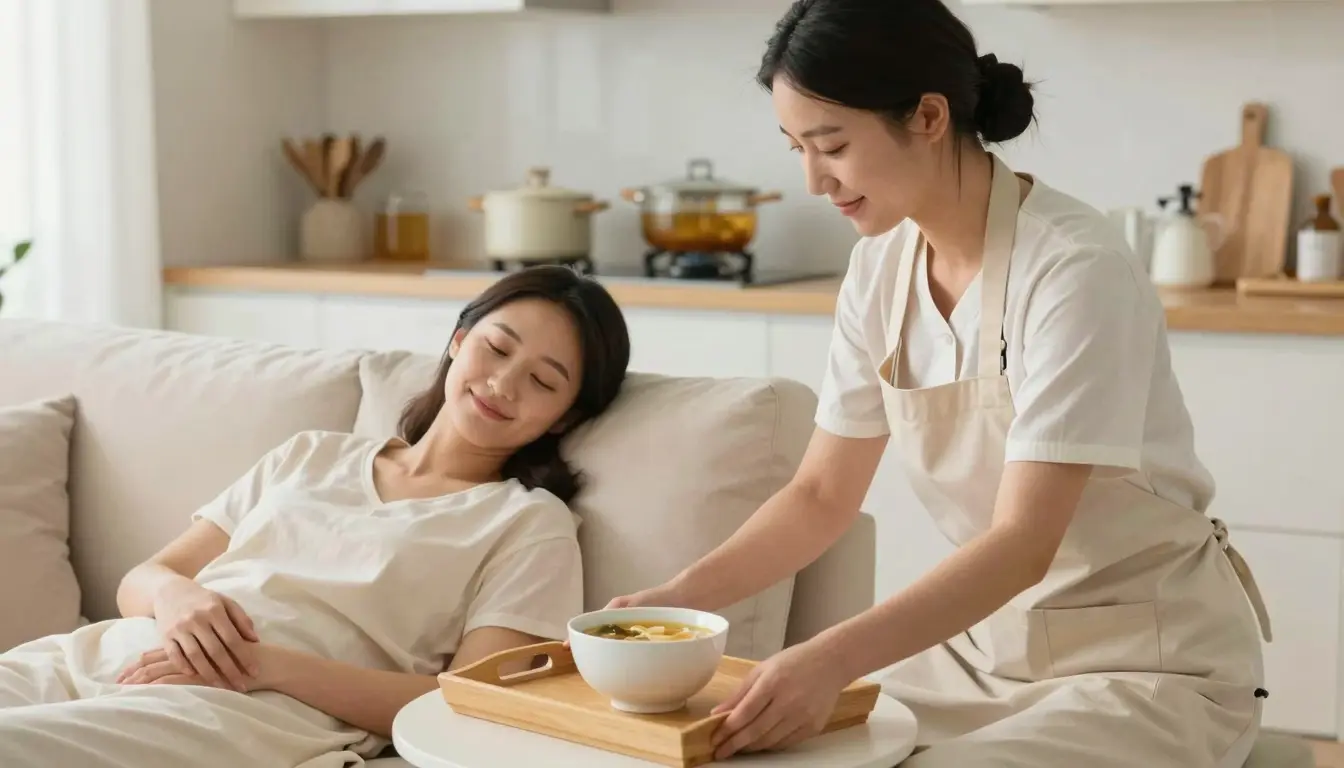 大溫哥華明亮廚房裡，一位產後導樂把一碗粵式月子湯水端給靠著休息、懷裡抱著寶寶的新手媽媽