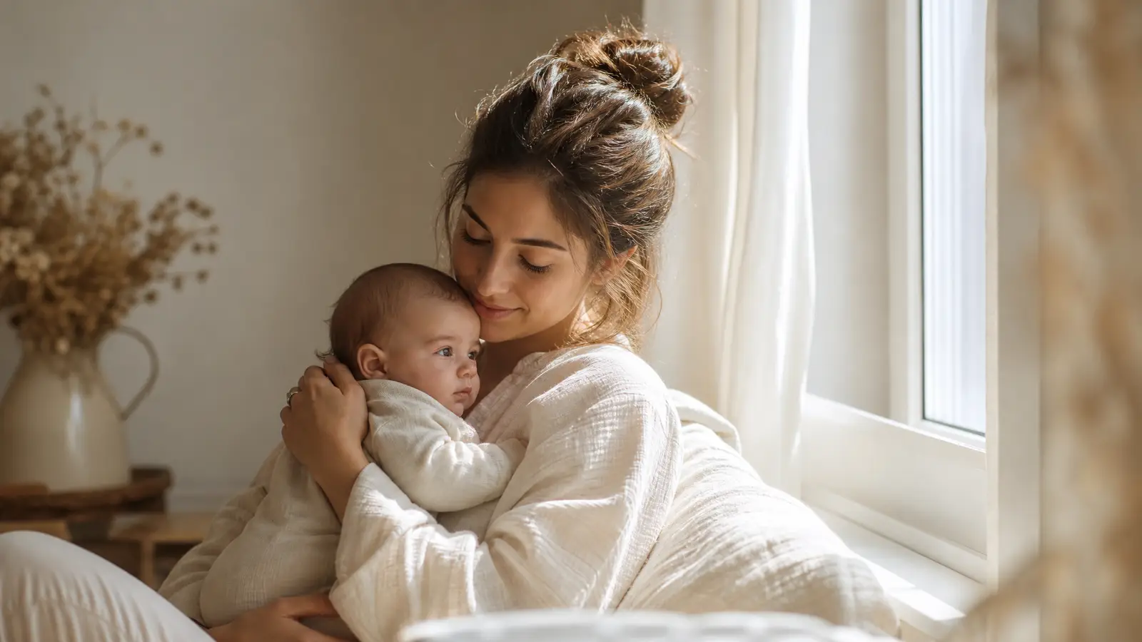 A new mother sitting quietly by a sunlit window holding her baby, a calm and supported moment of rest