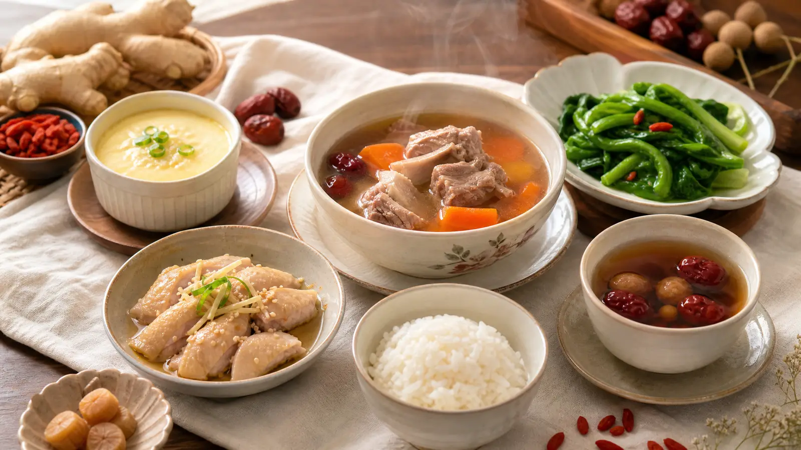 一桌粵式月子餐，補身湯水、清蒸魚、薑飯與紅棗茶，擺在溫潤的米色餐桌上