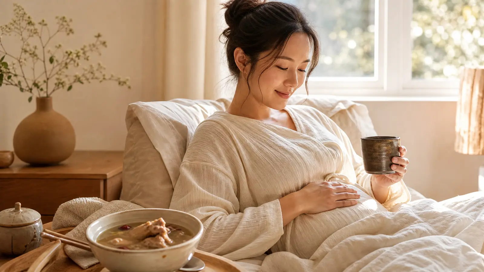 A new mother resting calmly on a sofa in soft daylight with a warm bowl of nourishing soup, recovering gently after birth