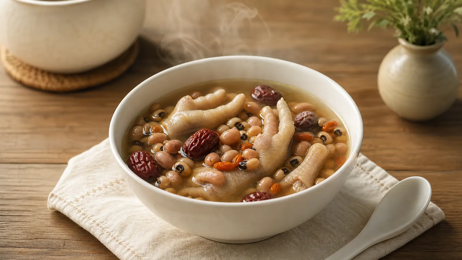 A clear Cantonese long-simmered soup of chicken feet, peanuts, black-eyed beans, red dates and ginger in a clay pot