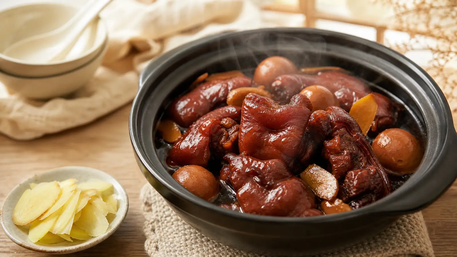 A clay pot of Cantonese pork knuckle in sweet black rice vinegar with old ginger and eggs