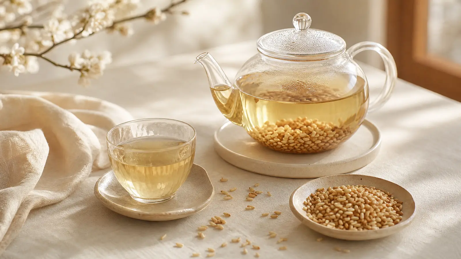 A warm cup of Cantonese toasted rice tea beside a pan of golden dry-roasted rice grains
